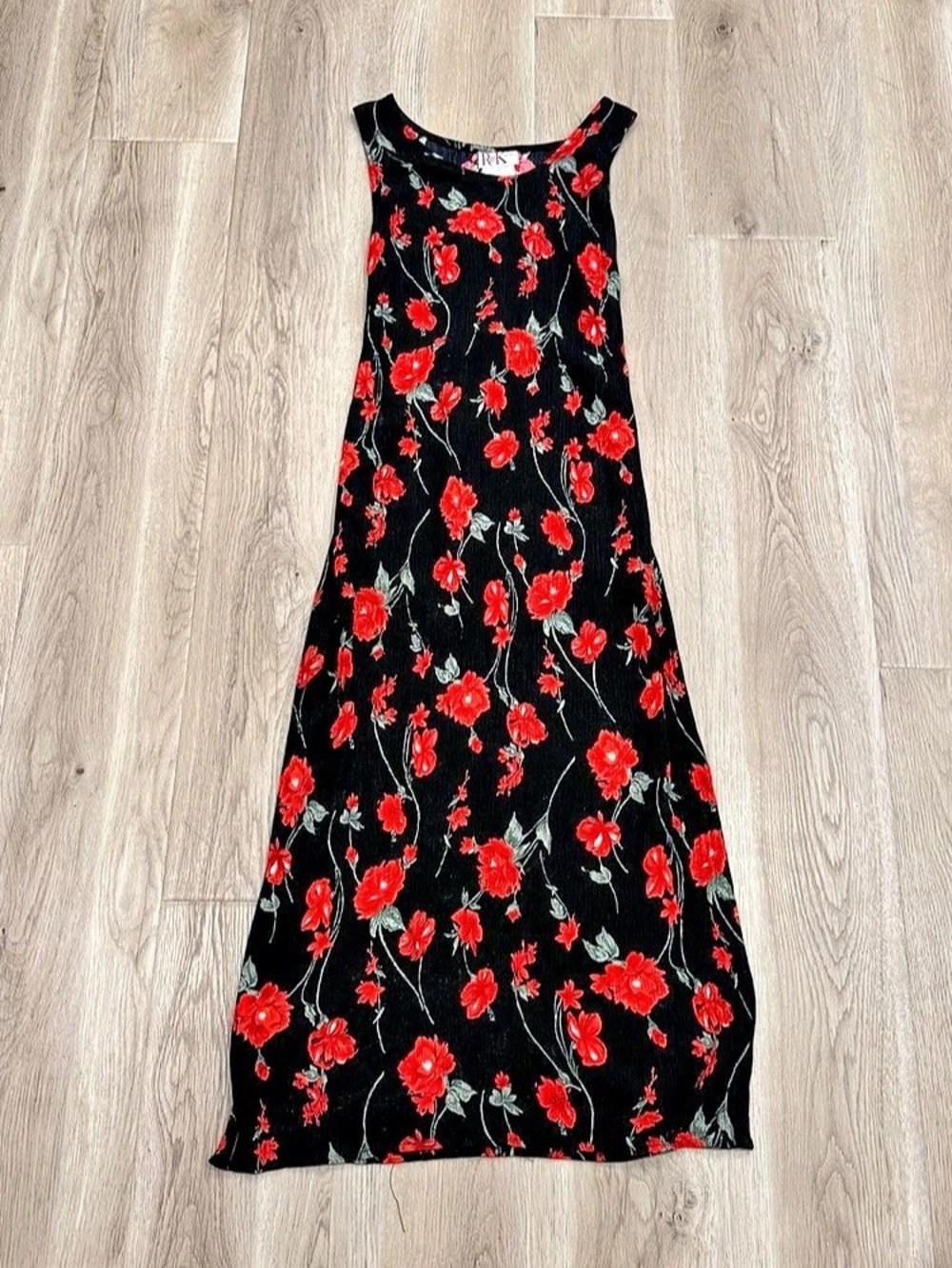 Vintage R&K Originals Black Red Floral Tie-Back Maxi Dress Size 10 Rayon 90s
